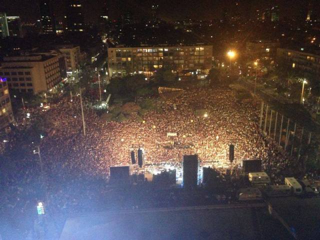 Rally at Rabin Square in Tel-Aviv, last night. 